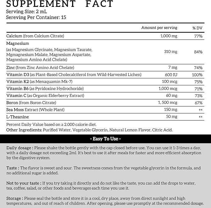 (4 Pack) 10 in 1 Calcium Magnesium Zinc Supplement, Magnesium Glycinate Complex Liquid Drops with Vitamin D3 K2 B6, Vegan Calcium Citrate Bone & Immune Health Support, Sleep & Cramps, Boron, 1 Fl Oz