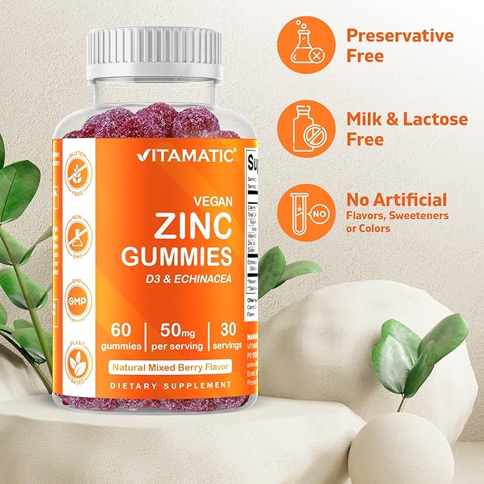 2 Pack - Vitamatic Zinc 50mg Gummies - 60 Vegan Gummies - Gluten Free - Healthy Immune Support for Adults, Men, Women