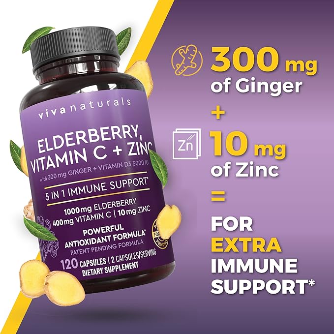 Viva Naturals Elderberry with Vitamin C and Zinc for Adults - 5 in 1 Sambucus Black Elderberry Capsules with Vitamin D3 5000 IU Immunity Supplement, Sambucus Elderberry Immune Support Supplement