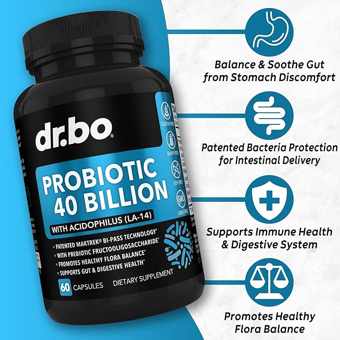 Probiotic 40 Billion CFU Supplement - Lactobacillus Acidophilus Probiotics for Women & Men Capsules - Gluten Free Probiotics for Digestive Health Pills with Bifidobacterium, Plantarum, Paracasei, FOS