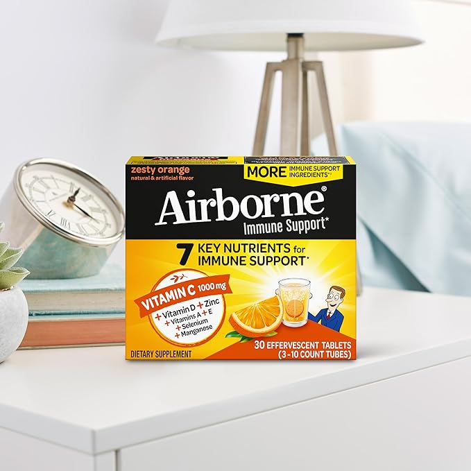 Airborne 1000mg Vitamin C with Zinc, SUGAR FREE Effervescent Tablets, Immune Support Supplement with Powerful Antioxidants Vitamins A C & E - 30 Fizzy Drink Tablets, Zesty Orange Flavor