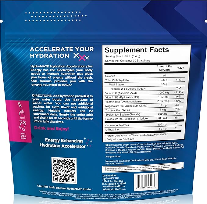 NatureWorks HydroMATE Electrolytes Powder Drink Mix Packets Hydration Accelerator Low Sugar Rapid Party Relief Recovery Vitamin C Plus Caffeine Strawberry 30 Count