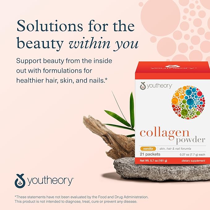 Youtheory Collagen Powder - Premium Collagen Supplement with Vitamin C & Biotin - Supports Healthy Hair, Nails, Skin & Joints* - Dairy, Soy & Gluten Free - Vanilla, .27 oz (21 Pack)