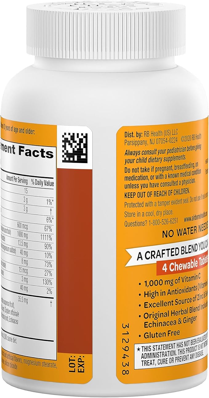 Airborne 1000mg Chewable Tablets with Zinc, Immune Support Supplement with Powerful Antioxidants Vitamins A C & E - 96 Tablets, Citrus Flavor