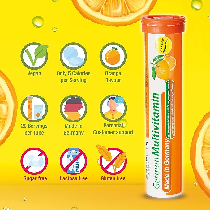 T&D German Multivitamin Drink Effervescnet Tablets 60 Servings Orange Flavour - Vitamin C, E, B1, B2, B6, B12, Biotin, Folic Acid, Niacin, Pantothenic Acid Pharma – Made in Germany