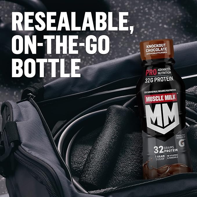 Muscle Milk Pro Advanced Nutrition Protein Shake, Knockout Chocolate, 11.16 Fl Oz (Pack of 12), 32g Protein, 1g Sugar, 16 Vitamins & Minerals, 5g Fiber, Workout Recovery, Energizing Snack, Packaging May Vary