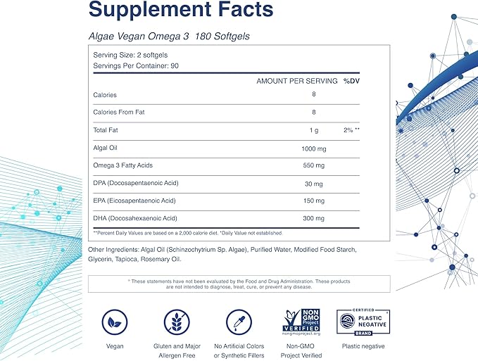 TAHIRO Vegan Omega-3 Softgels - Plant-Based Supplement with DPA, DHA & EPA - Nutrients for Men, Women and Pregnant Women - Supports Brain Health - Prenatal & Joint Supplements, 1000mg