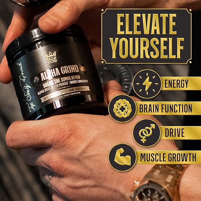 Alpha Grind β Instant Maca Coffee for Men + Natural Energy + Brain Nootropic for Ageless Clarity, Focus | Lean Muscle Building Growth & Size, 30SV