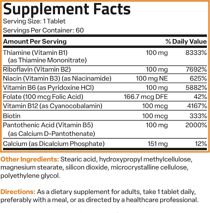 Bronson Vitamin B 100 Complex High Potency Sustained Release (Vitamin B1, B2, B3, B6, B9 - Folic Acid, B12), 60 Tablets