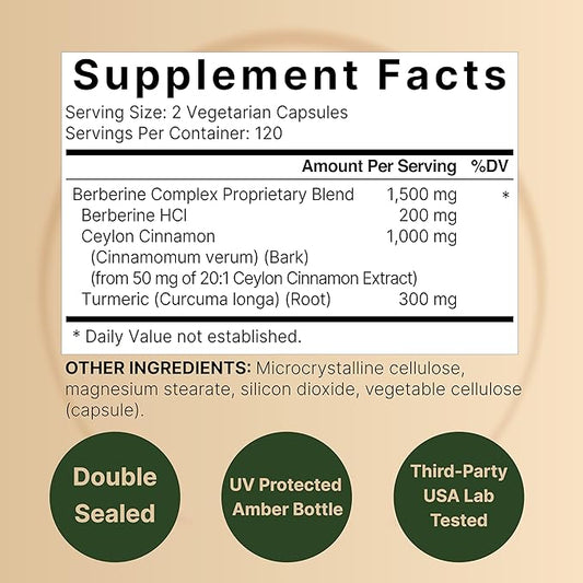 Berberine Supplement 1500mg, 240 Veggie Capsules | Plus 1000mg True Ceylon Cinnamon & 300mg Turmeric Root – 97% Berberine HCL – Plant-Based, Vegan, Non-GMO