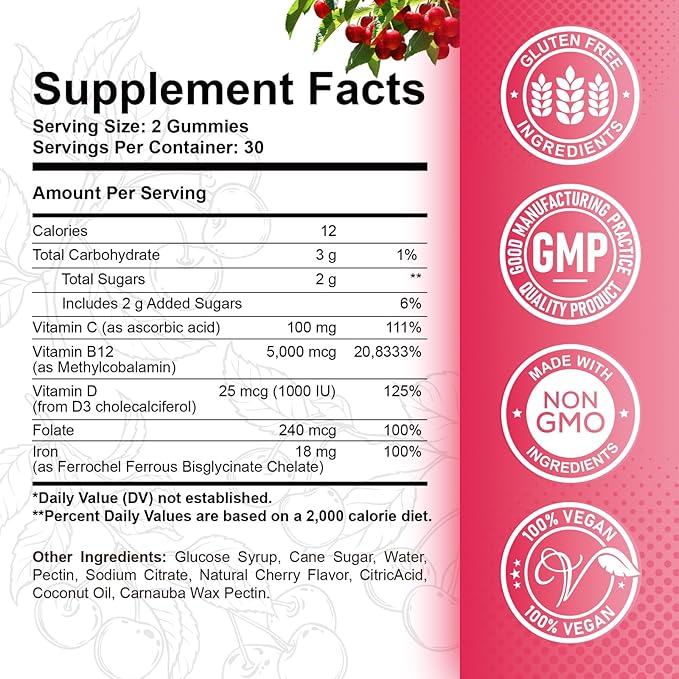 Vitamin B12 Gummies - 5000 mcg Methylcobalamin with Iron, Vitamin C, D3 & Folate, Energy Support and Metabolism, Immune, B-12 Complex Chewable Supplement for Men & Women, Vegan- 60 Count