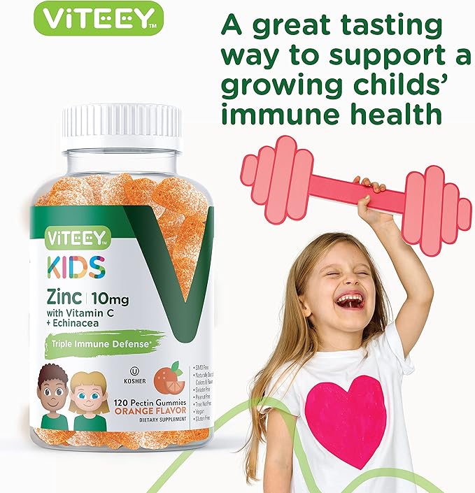 Zinc for Kids Gummies 10mg, with Vitamin C & Echinacea for Kids - Immune Support, Powerful Natural Antioxidant, Kids Zinc Vitamin Supplement - Vegan, Gelatin Free - Tasty Chewable Orange Flavor Gummy