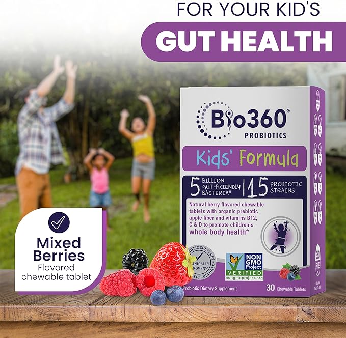 Kids Probiotic Supplement, Daily Support for Kid's Gut, Immune, Brain & Whole Body Health, 15 Strains 5 Billion CFU, Organic Prebiotic Apple Fiber, 30 Chewable Mixed Berry Flavor