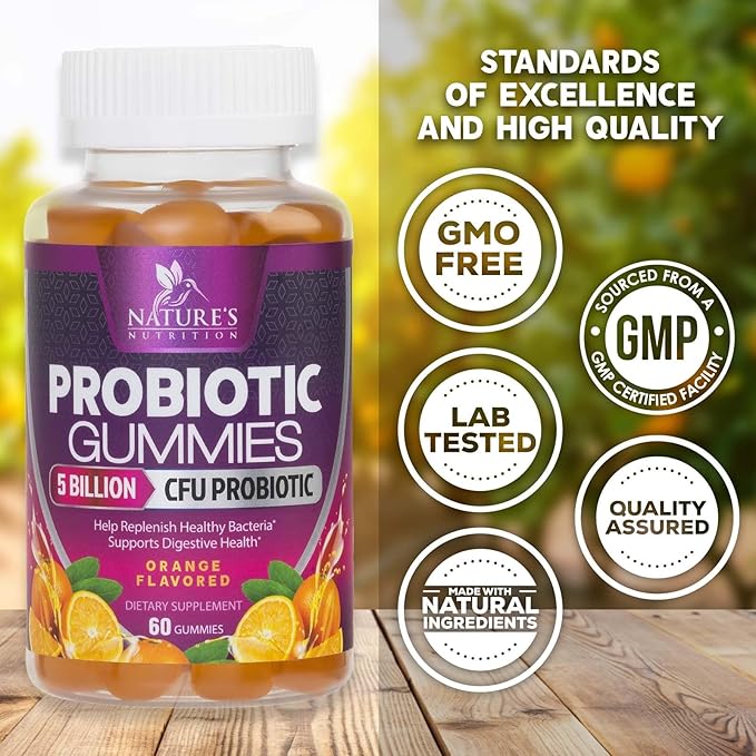 Probiotic Gummies for Digestive Health, Daily Probiotics for Women & Men, 5 Billion CFUs, Nature's Pro Biotics Gummy for Immune Support, Digestive Nutritional Supplements, Orange Flavor - 60 Gummies