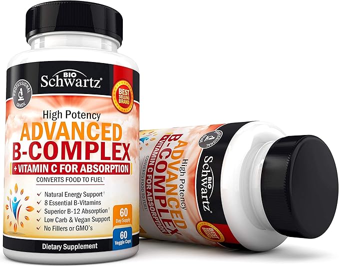 Vitamin B Complex with Vitamin C for Maximum Absorption - Methylcobalamin b12 & Folate Folic Acid Supplement - Vitamins B1 B2 B3 B5 B6 B7 B9 for Immune Energy & Nervous System Support - Non-GMO -60ct