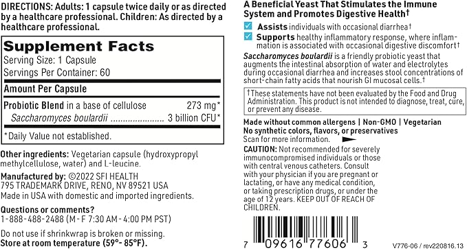 Klaire Labs Saccharomyces Boulardii - Probiotic Supplement to Help Support Healthy Yeast Balance, Immune & Digestive Health - Acid Resistant, Shelf-Stable & Hypoallergenic (60 Capsules / 2 Pack)