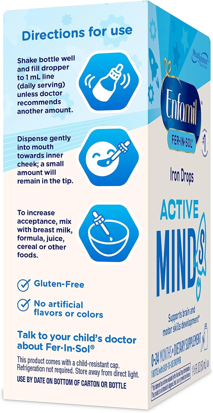 Enfamil Fer-In-Sol Iron Supplement Drops for Infants & Toddlers, Supports Brain Development, 50 mL Dropper Bottle, Pack of 3