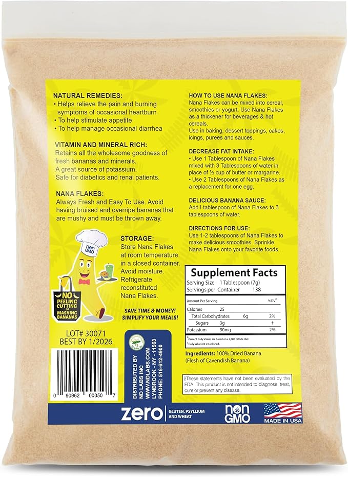 Nana Flakes 100% Pure Banana Flakes Medical Food Powder - Decrease Fat Intake & Natural Remedy for Diarrhea & Heart Burn - Great Source of Protein & Fiber (Banana, Two Pound Bag)