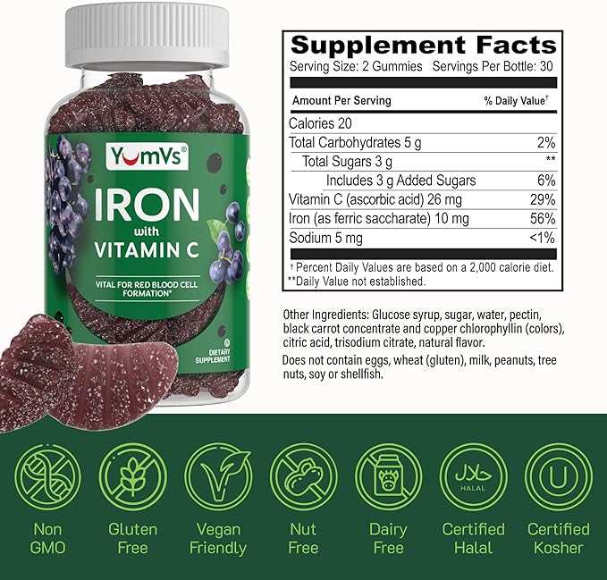 VumVs Iron Gummies for Women and Men - Grape Flavor - 10 mg Chewable Iron Supplement for Women Gummies with Vitamin C - Kosher, Gluten Free - Blood Builder Iron Supplement Gummies (60 Count), 1 Pack