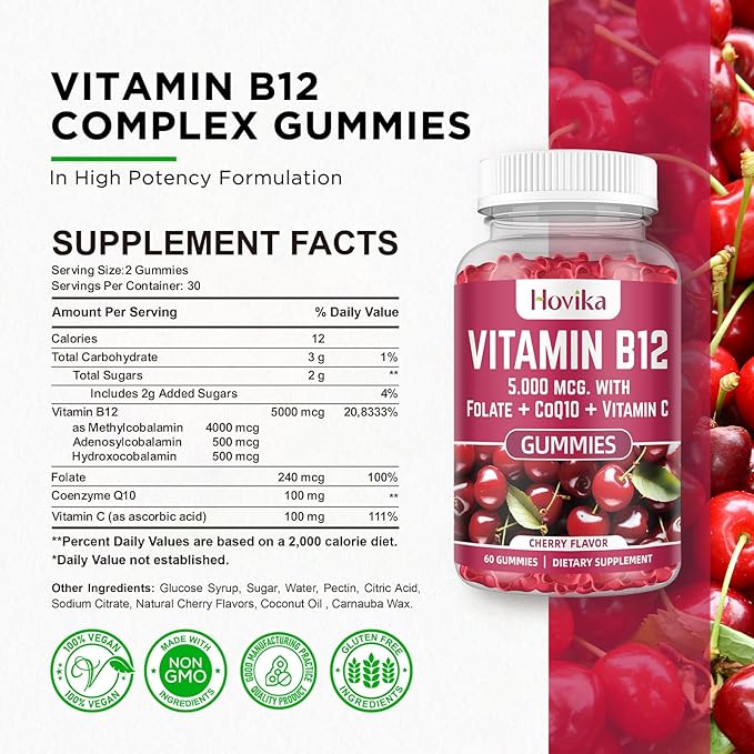Vitamin B12 Complex 5000 mcg Methyl B12, Adenosyl B12 & Hydroxy B12, with Coenzyme Q10, Folate, Vitamin C, Chewable B 12 for Energy Support, Metabolism, Bone Health - Cherry Flavor, 2 Pack