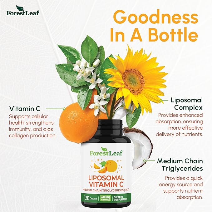 ForestLeaf Liposomal C - 1000mg Capsules - Immune Booster with MCT Oil & Sunflower Lecithin - Superior Absorption - High Dose C (Unflavored - 120 Veg Cap)