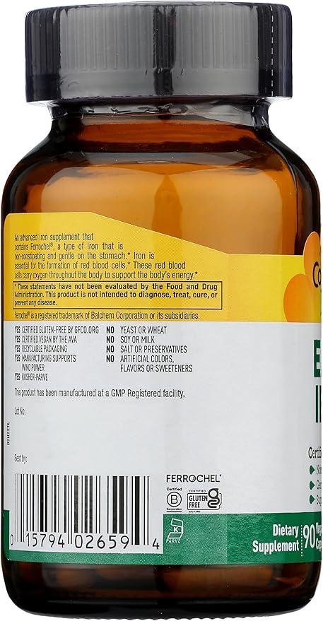 Country Life Easy Iron 25mg Capsules - Gentle Non-Constipating Ferrochel - Vegan Vitamin Supplement for Women & Men - Supports Body Energy - Multivitamin with Iron