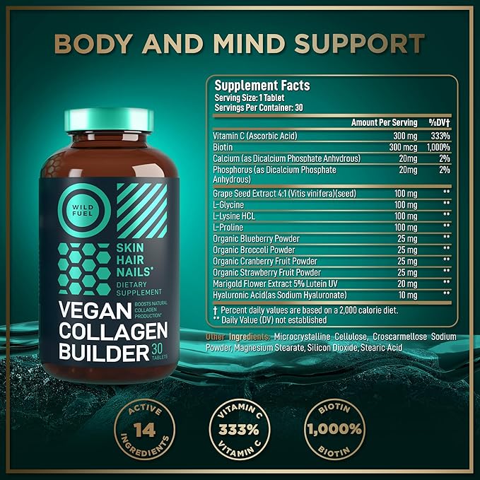 Vegan Collagen Booster Tablets - Cruelty-Free Vegan Collagen Supplements - Biotin, Organic Superfood, Plant Based Collagen Vitamins for Skin, Hair, Nails - 2-Pack, 60 Vegeterian Collagen Boost Pills