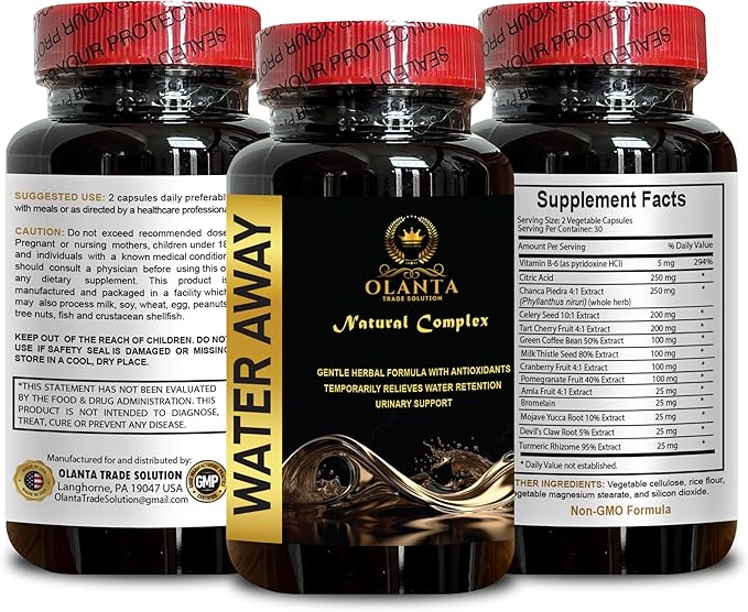 WATER AWAY COMPLEX - water out pills, Premium Water Retention and Flushing, Fast Acting Bloating Relief, Kidney healthy supplements, water diet pills, Immune system booster - 1 Bottle