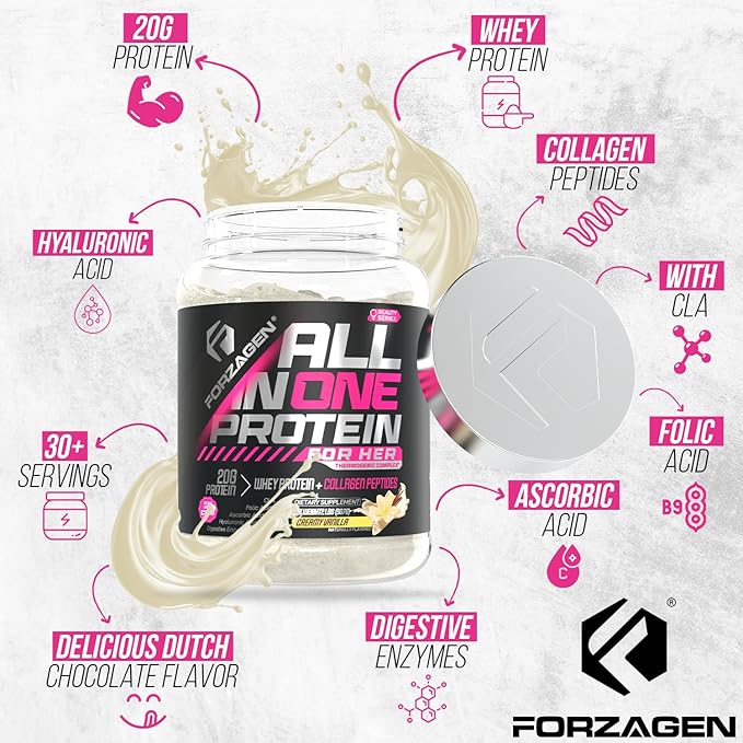 Forzagen All in One Protein for Her | Women’s Protein Powder with Multi Collagen Peptides | Hydrolyzed Collagen Supplement, Gut Health, Great for Pre & Post Workout | Vanilla, 30+ Servings
