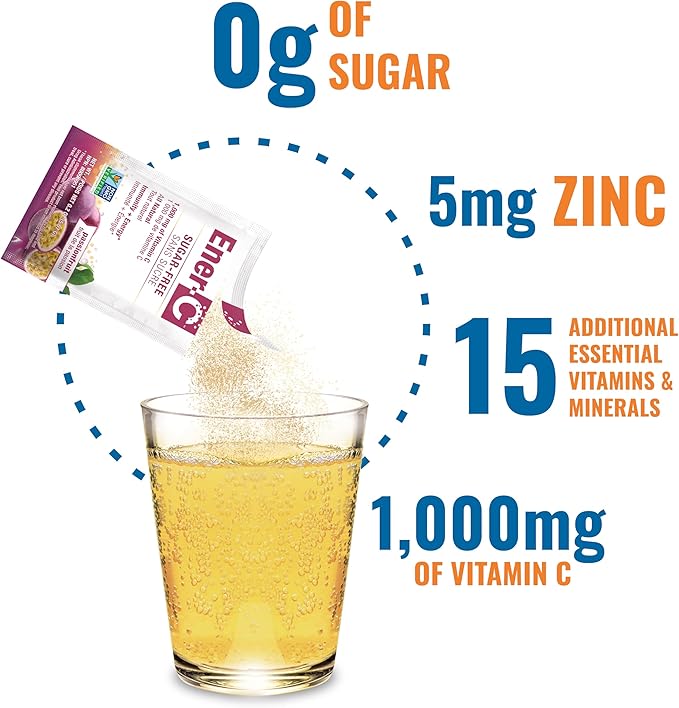 Ener-C Sugar Free Energy Passion Fruit Multivitamin Drink Mix Vitamin C 1000mg & Electrolytes - Natural Immunity Support with Real Fruit Juice Powders - Non-GMO Vegan & Gluten Free - 30 Count