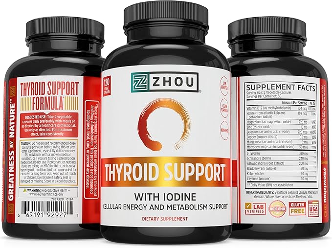 Zhou Thyroid Support Complex with Iodine Supplement, Increase Energy, Fight Brain Fog with Vitamin B12, Iodine, Magnesium, Zinc, Selenium, No Soy, Gluten-Free, 60 Servings, 120 Caps