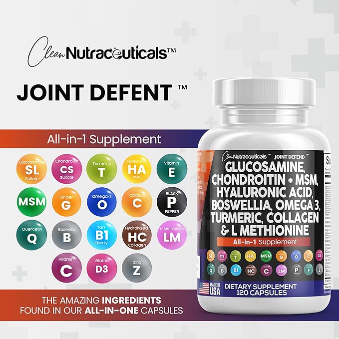 Clean Nutraceuticals Glucosamine Chondroitin MSM Turmeric Hyaluronic Acid Boswellia Collagen Tart Cherry - Joint Support Supplement Omega 3 Pills Ginger Quercetin Capsules - 120 Count USA