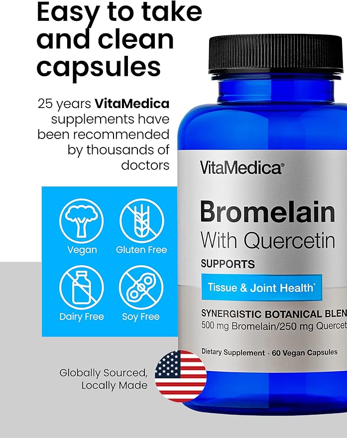 VitaMedica Bromelain & Quercetin Supplement - 500mg Bromelain 250mg Quercetin - 2400 GDU for Immunity, Joint Support, Inflammation and Muscle Recovery - 60 Vegan Capsules - 30 Servings