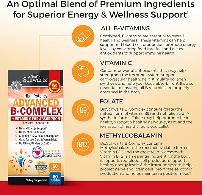 Vitamin B Complex with Vitamin C for Maximum Absorption - Methylcobalamin b12 & Folate Folic Acid Supplement - Vitamins B1 B2 B3 B5 B6 B7 B9 for Immune Energy & Nervous System Support - Non-GMO -60ct