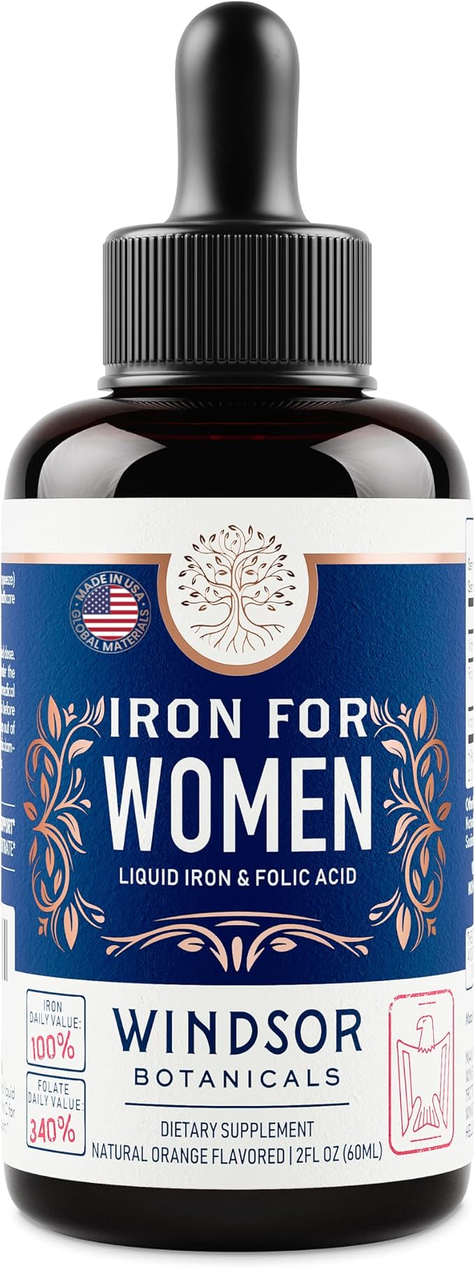 WINDSOR BOTANICALS Liquid Iron Supplements for Anemia - Folic Acid, Vitamin C, Vegan Iron Blood Builder and Anemia Supplement - 2 oz Orange Flavor Gentle Iron Drops for Women