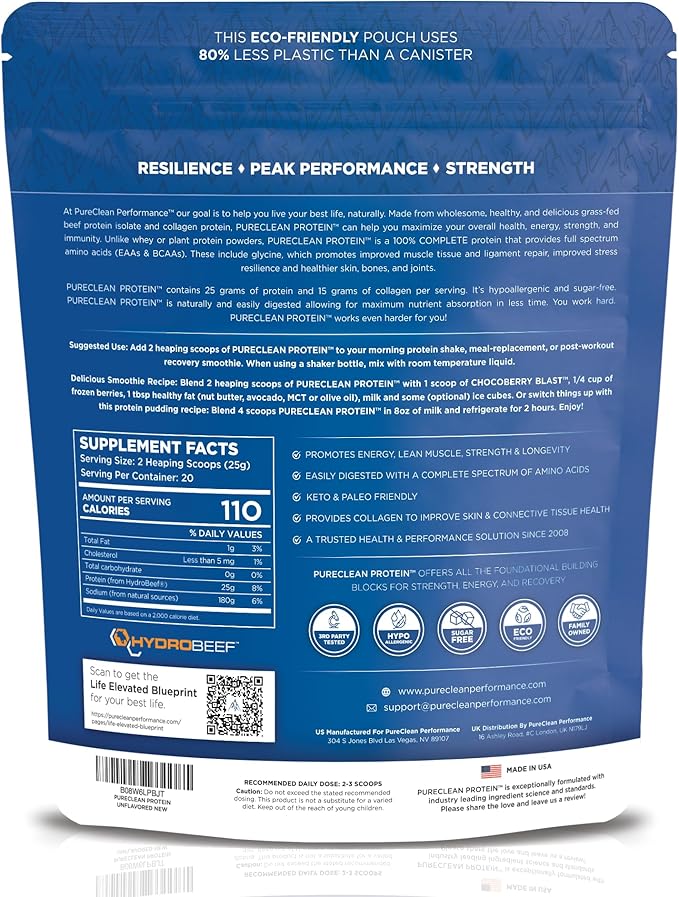 PureClean Protein 25G Organic Grass Fed Beef Bone Broth Protein from Swedish Cattle - Paleo, Keto-Friendly, Gluten-Free, Sugar-Free, Dairy-Free - Enhanced with Collagen Peptides - 500 Grams/Unflavored