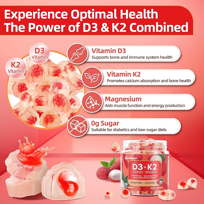 Vitamin D3 K2 Gummies w/Magnesium Sugar Free - 90 Count | D3 Vitamin 5,000 IU + K2(MK-7) 100 mcg - Vegan K2 D3 Vitamin Supplement, Highly Absorbent Supports Bone, Muscle, Mood & Immune(Lychee Flavor)