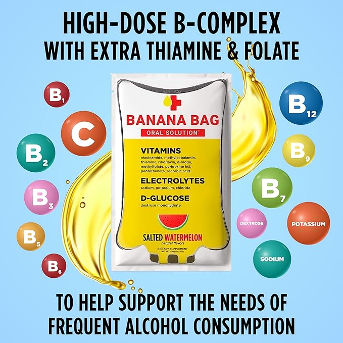 Banana Bag Oral Solution Recovery Packets - I.V. Alternative - Salted Watermelon 15pk: Pharmacist-Formulated for Fast Energy Boost, Rehydration & Wellness. Electrolytes + Vitamin C + Strong B-Complex