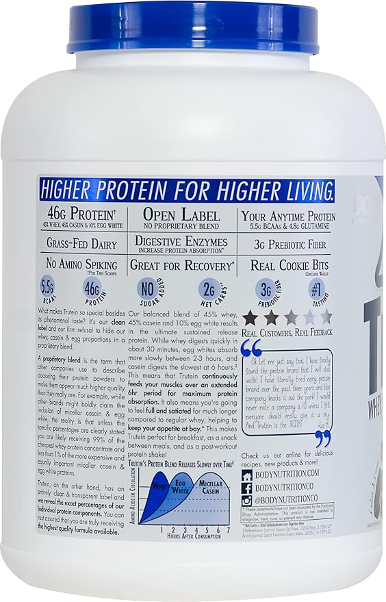 Body Nutrition Trutein High Protein Powder: 45% Whey, 45% Casein, 10% Egg White Protein Shake Mix, Low Sodium, Low Carb Protein Supplement Powder for Men & Women, Cookies & Cream, 4lb
