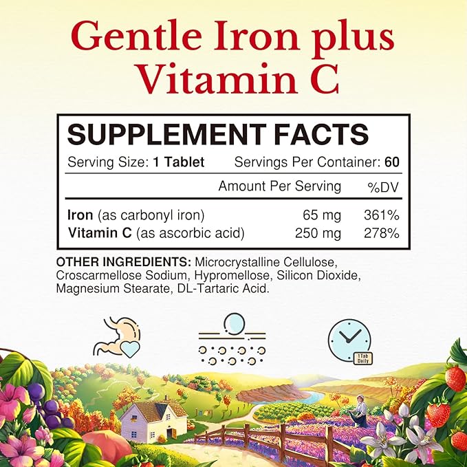 Vitalitown Iron Supplement for Women Men, Hign Potency 65mg Iron with Vitamin C 250mg, Less Constipating, Better for Blood Building & Energy Improvement, No Gluten, Non-GMO 60 Vegan Iron Pills