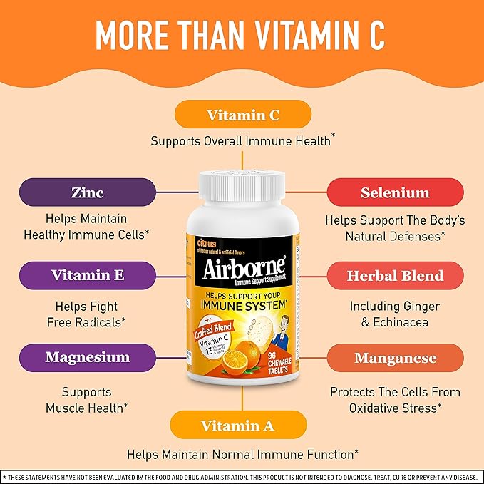 Airborne 1000mg Chewable Tablets with Zinc, Immune Support Supplement with Powerful Antioxidants Vitamins A C & E - 96 Tablets, Citrus Flavor