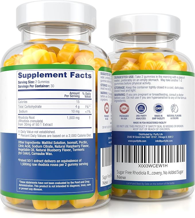 Sugar-Free Rhodiola Rosea Gummies (1500mg/Serving) Adaptogenic Rhodiola Rosea Supplement & Cortisol Blocker for Performance, Stamina, Mood & Motivation - Non-GMO, 60 Vegan Chews, No Capsules or Pills
