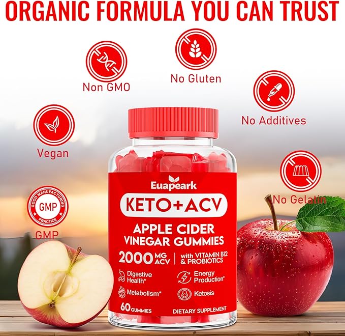 Apple Cider Vinegar Gummies, Keto ACV Gummies with Probiotics, Vitamin B12 & Keto Support, 2000 mg ACV Gummies with Mother for Digestion, Metabolism, Cleanse & Detox Diet, Vegan, Low Sugar, 120 Counts