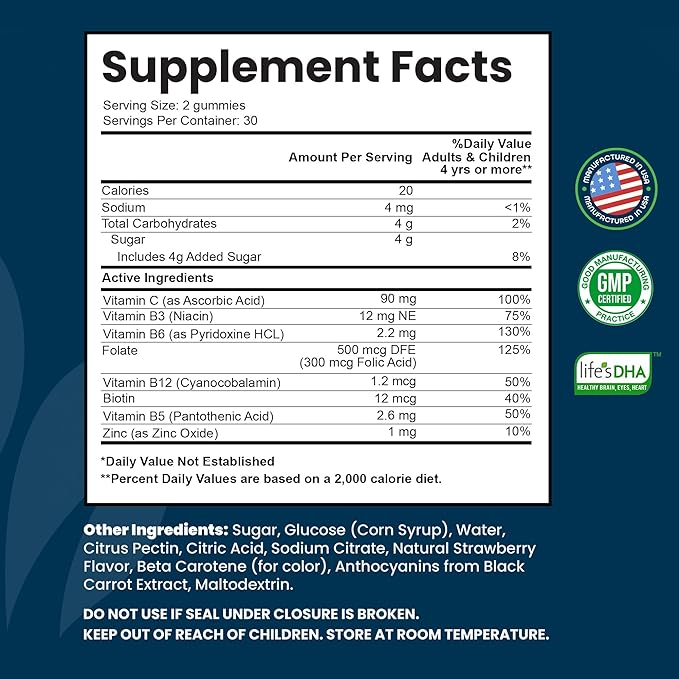 Vitamin B Complex Gummies for Adults, B Complex Vitamin Supplement for Women and Men, B Vitamins Complex Gummies for Energy and Brain Health, Natural Strawberry Flavor, 60 Count