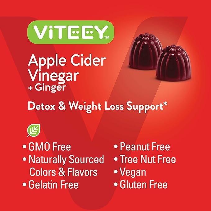 Apple Cider Vinegar Gummies 1,000mg Plus Ginger, ACV with The Mother, Detox Cleanse for Weight Loss and Immune Support, Vegan, Gluten Free, Gelatin Free, GMO Free - Chewable Apple Flavored Gummy