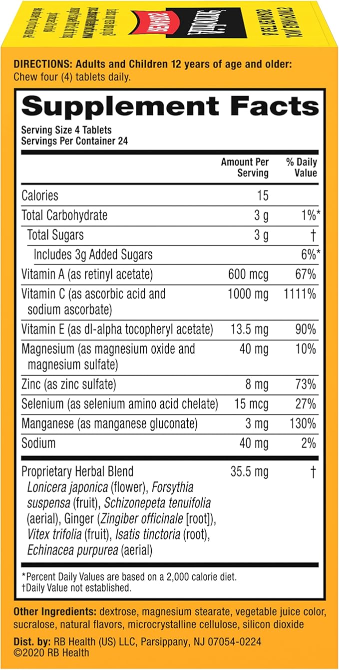 Airborne 1000mg Vitamin C Chewable Tablets with Zinc, Immune Support Supplement with Powerful Antioxidants Vitamins A C & E - 96 Chewable Tablets, Very Berry Flavor