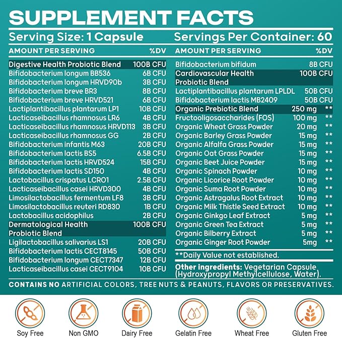Probiotics for Women & Men - 300 Billion CFU, 24 Strains Probiotic + 15 Organic Herbs Prebiotics Blend, Daily Prebiotics and Probiotics for Digestive Health, Gut, Immune, Bloating - 2 Months Supply