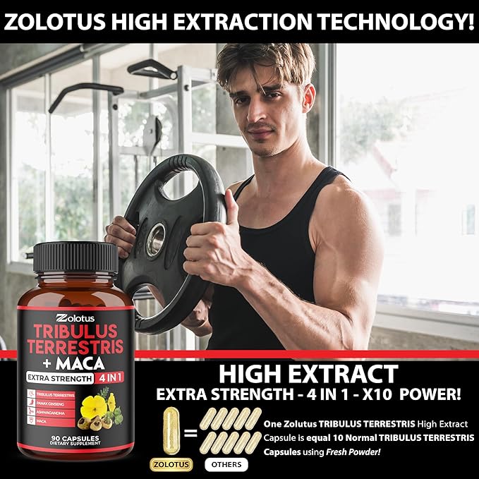 Zolotus Premium Tribulus Terrestris Capsules - Combined with Ashwagandha, Panax Ginseng & Maca - Boost Energy, Mood, Stamina & Immune - 90 Counts for 3 Months