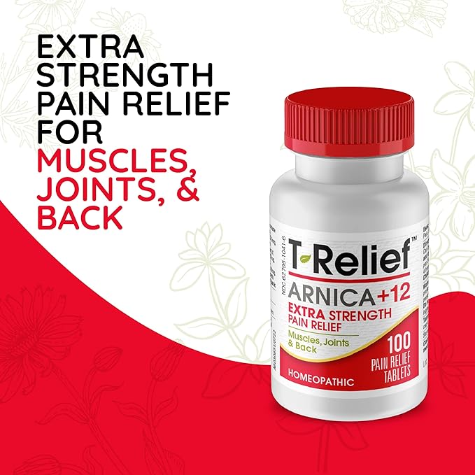 T-Relief Extra Strength Pain Relief Arnica +12 Natural Relieving Actives for Back Pain Joint Soreness Muscle Aches & Stiffness, Whole Body Fast-Acting Relief for Women & Men - 100 Tablets