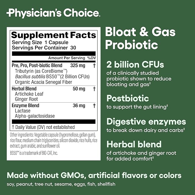 Physician's CHOICE Bloat & Gas Probiotic 5-in-1 Proactive Support + Daily Relief - Digestion & Gut Health- Herbals, Digestive Enzymes, Post & Prebiotics - Gas Relief for Adults - Women & Men - 30ct